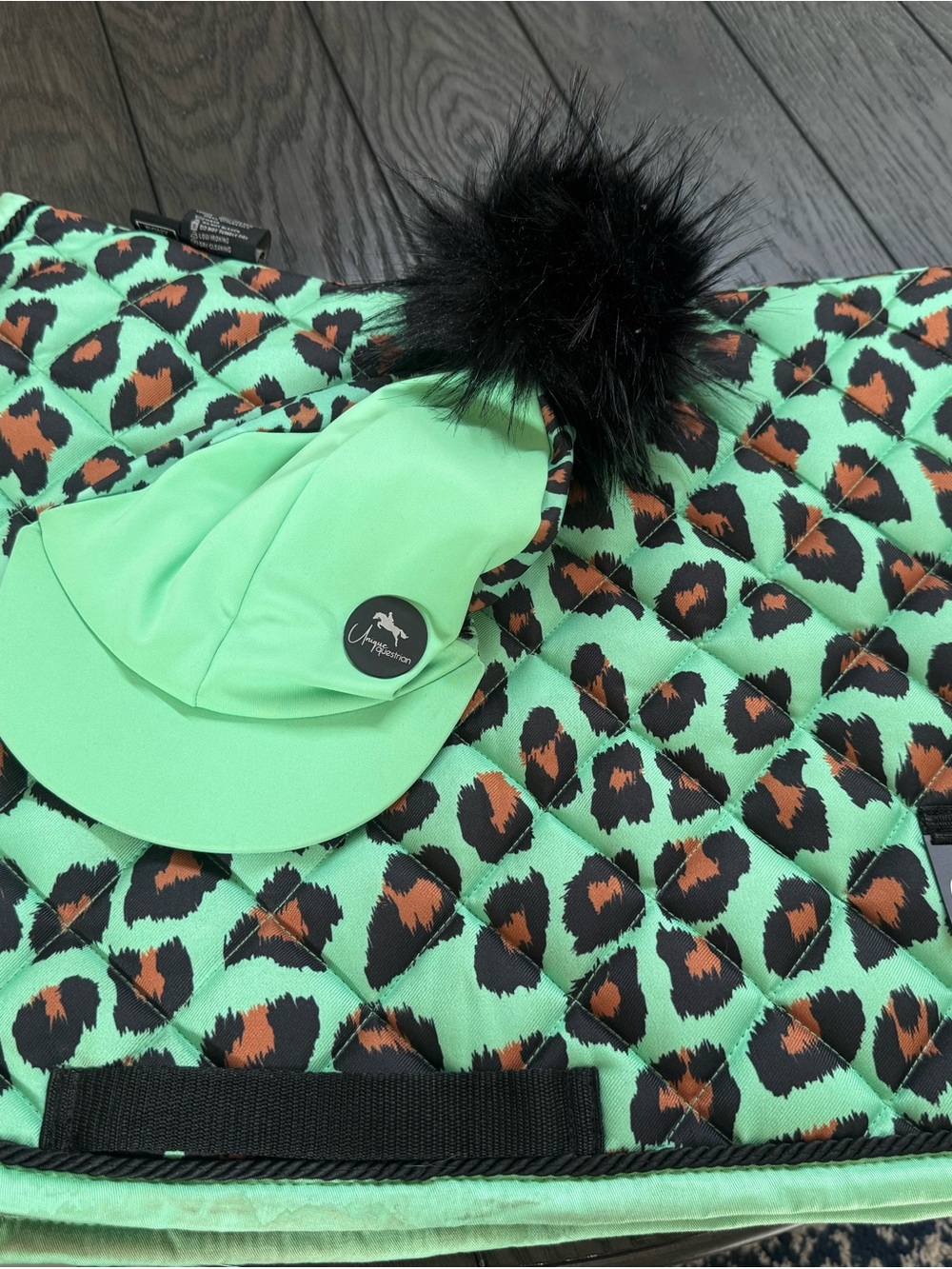 Kids Mint Green Leopard Pom Hat and Pony Saddle Pad Set
